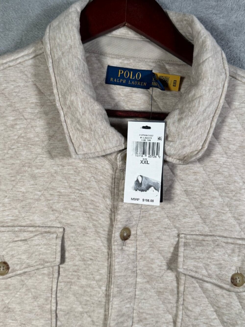 Polo Ralph Lauren Overshirt Jacket XXL Tan Quilted Double Knit Jersey Shacket